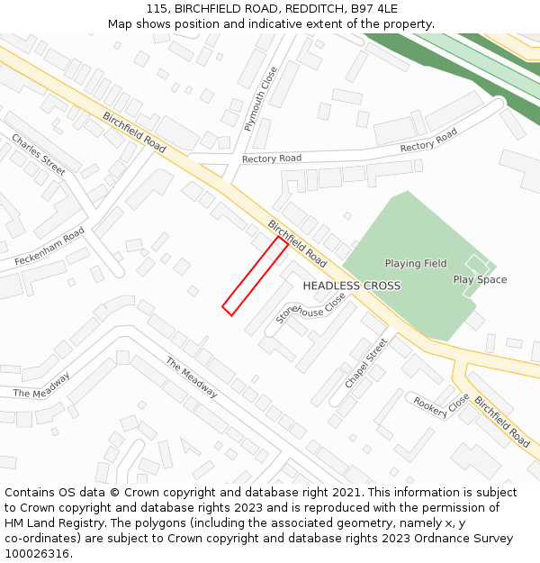 115, BIRCHFIELD ROAD, REDDITCH, B97 4LE: Location map and indicative extent of plot