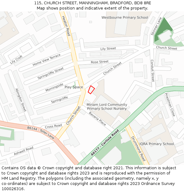 115, CHURCH STREET, MANNINGHAM, BRADFORD, BD8 8RE: Location map and indicative extent of plot