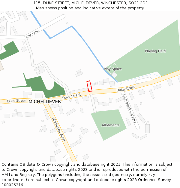 115, DUKE STREET, MICHELDEVER, WINCHESTER, SO21 3DF: Location map and indicative extent of plot