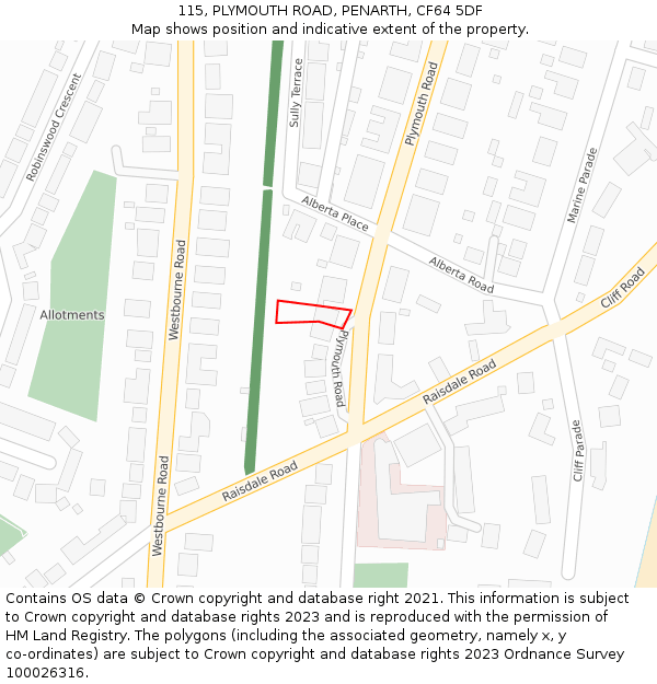 115, PLYMOUTH ROAD, PENARTH, CF64 5DF: Location map and indicative extent of plot