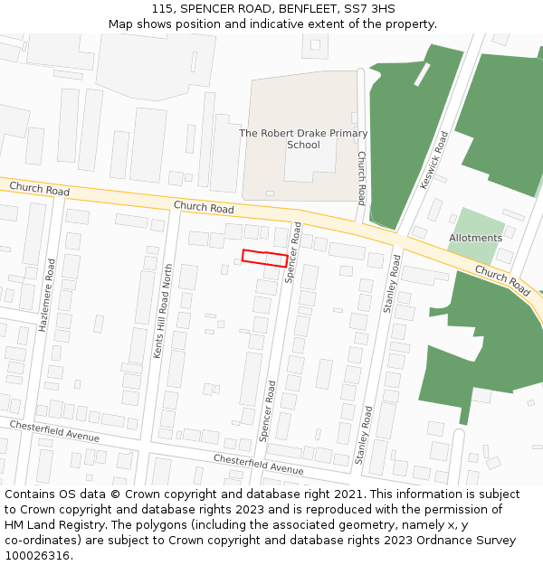 115, SPENCER ROAD, BENFLEET, SS7 3HS: Location map and indicative extent of plot