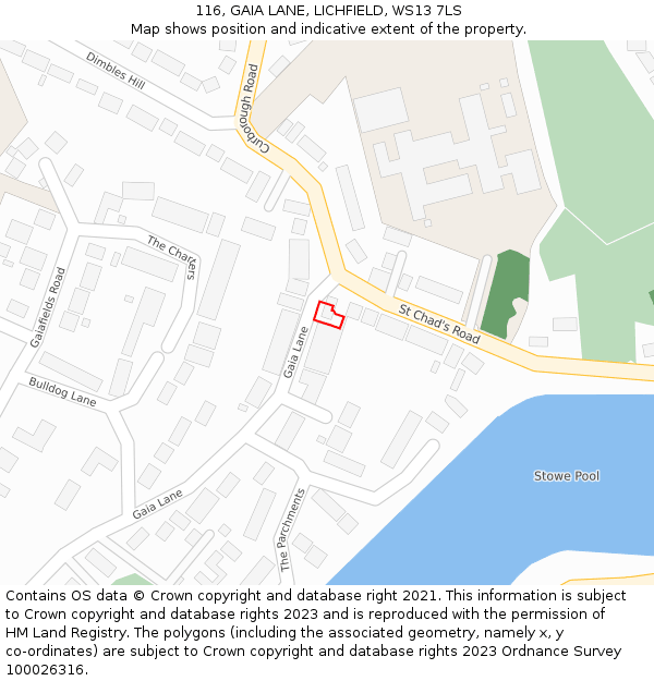 116, GAIA LANE, LICHFIELD, WS13 7LS: Location map and indicative extent of plot