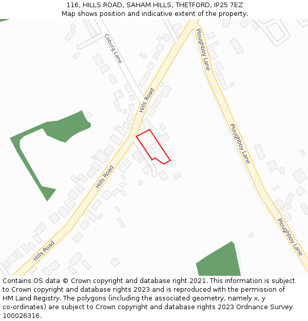 116, HILLS ROAD, SAHAM HILLS, THETFORD, IP25 7EZ: Location map and indicative extent of plot