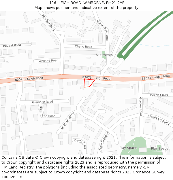 116, LEIGH ROAD, WIMBORNE, BH21 2AE: Location map and indicative extent of plot