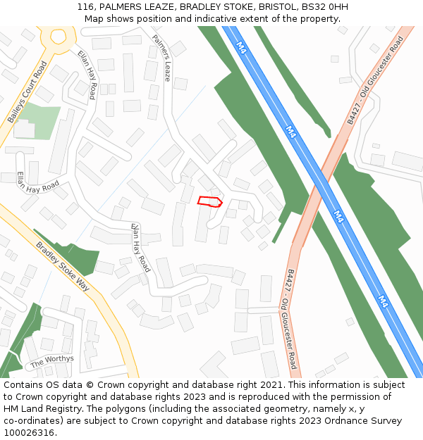 116, PALMERS LEAZE, BRADLEY STOKE, BRISTOL, BS32 0HH: Location map and indicative extent of plot