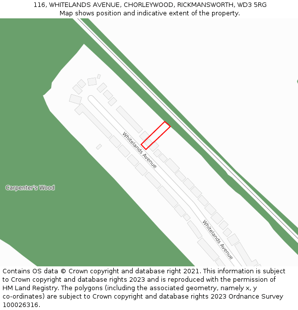 116, WHITELANDS AVENUE, CHORLEYWOOD, RICKMANSWORTH, WD3 5RG: Location map and indicative extent of plot