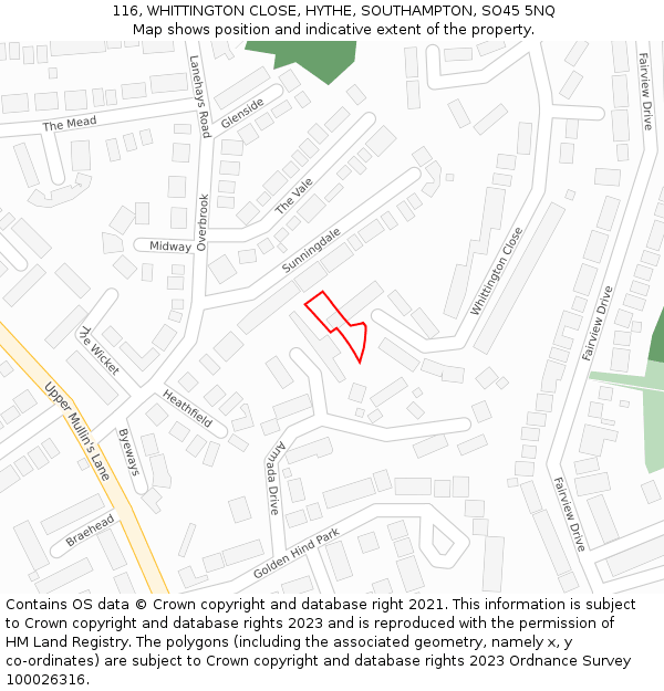 116, WHITTINGTON CLOSE, HYTHE, SOUTHAMPTON, SO45 5NQ: Location map and indicative extent of plot