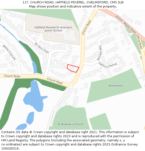 117, CHURCH ROAD, HATFIELD PEVEREL, CHELMSFORD, CM3 2LB: Location map and indicative extent of plot