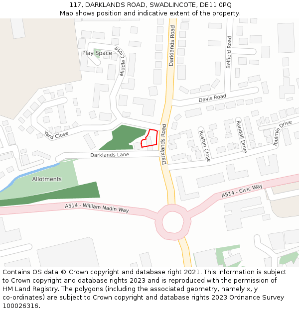 117, DARKLANDS ROAD, SWADLINCOTE, DE11 0PQ: Location map and indicative extent of plot