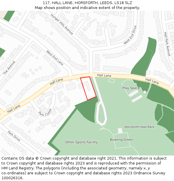 117, HALL LANE, HORSFORTH, LEEDS, LS18 5LZ: Location map and indicative extent of plot