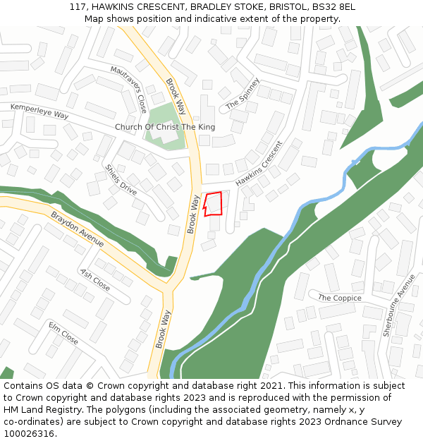 117, HAWKINS CRESCENT, BRADLEY STOKE, BRISTOL, BS32 8EL: Location map and indicative extent of plot