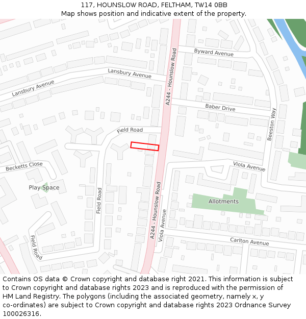 117, HOUNSLOW ROAD, FELTHAM, TW14 0BB: Location map and indicative extent of plot