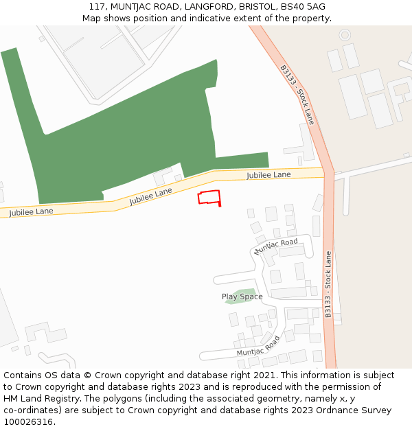 117, MUNTJAC ROAD, LANGFORD, BRISTOL, BS40 5AG: Location map and indicative extent of plot