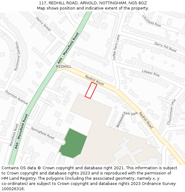 117, REDHILL ROAD, ARNOLD, NOTTINGHAM, NG5 8GZ: Location map and indicative extent of plot