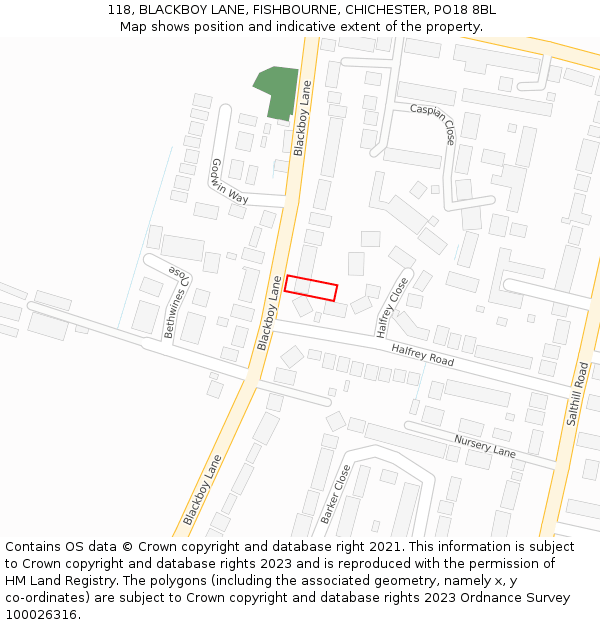 118, BLACKBOY LANE, FISHBOURNE, CHICHESTER, PO18 8BL: Location map and indicative extent of plot