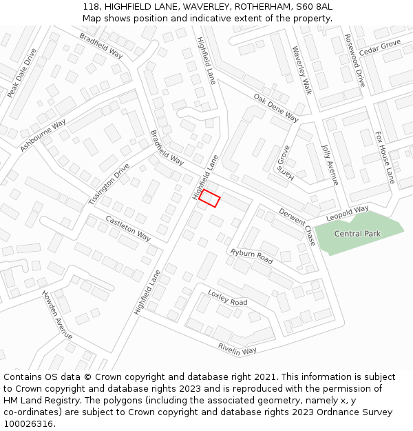 118, HIGHFIELD LANE, WAVERLEY, ROTHERHAM, S60 8AL: Location map and indicative extent of plot