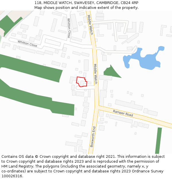 118, MIDDLE WATCH, SWAVESEY, CAMBRIDGE, CB24 4RP: Location map and indicative extent of plot