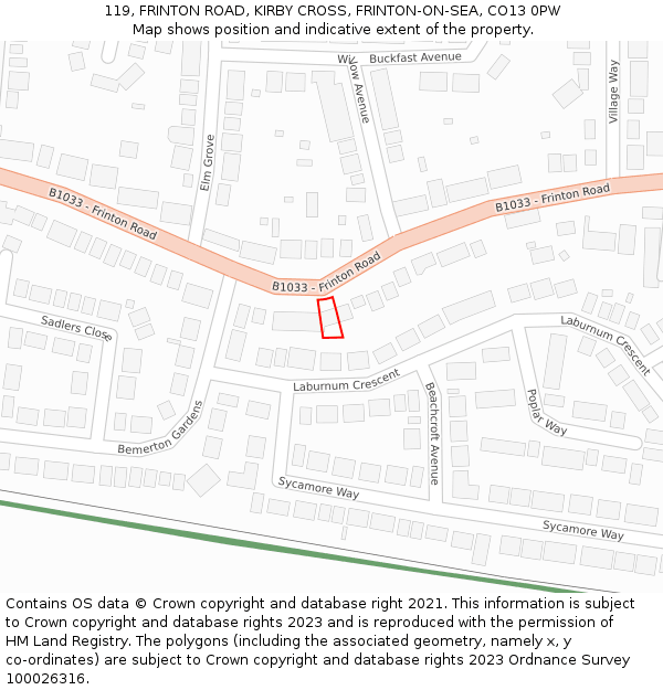 119, FRINTON ROAD, KIRBY CROSS, FRINTON-ON-SEA, CO13 0PW: Location map and indicative extent of plot