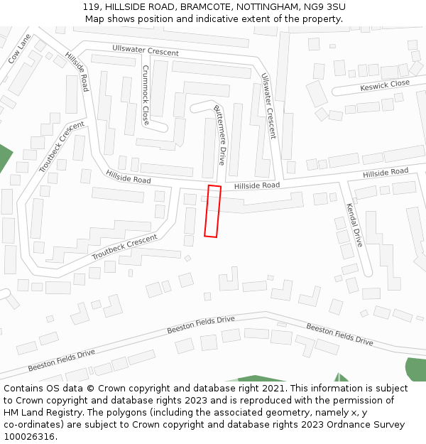 119, HILLSIDE ROAD, BRAMCOTE, NOTTINGHAM, NG9 3SU: Location map and indicative extent of plot