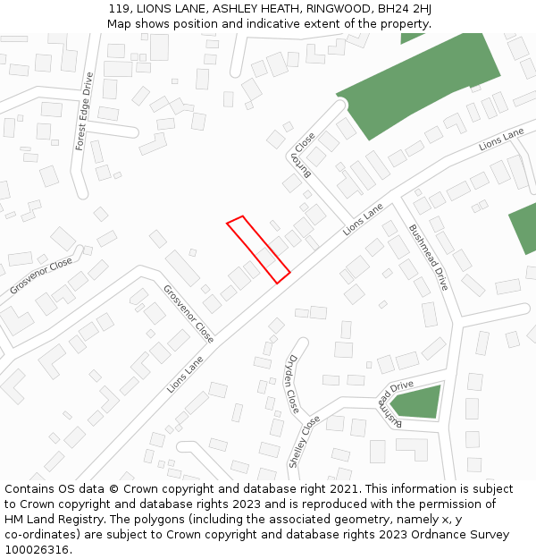 119, LIONS LANE, ASHLEY HEATH, RINGWOOD, BH24 2HJ: Location map and indicative extent of plot