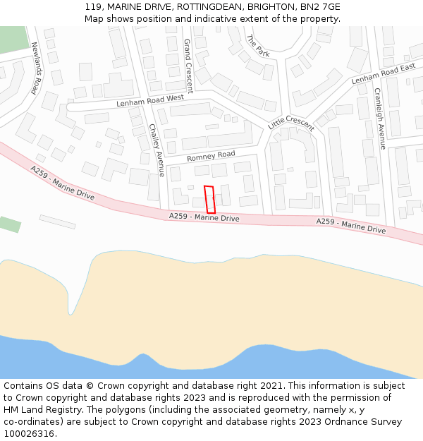 119, MARINE DRIVE, ROTTINGDEAN, BRIGHTON, BN2 7GE: Location map and indicative extent of plot