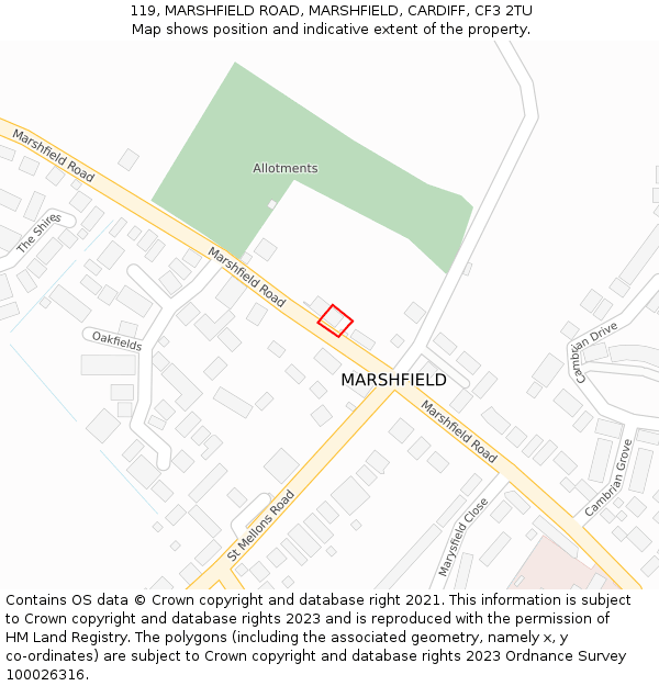 119, MARSHFIELD ROAD, MARSHFIELD, CARDIFF, CF3 2TU: Location map and indicative extent of plot