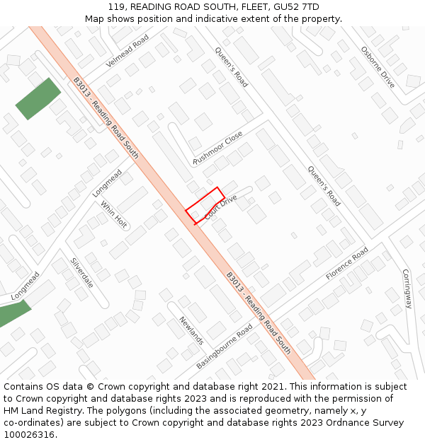 119, READING ROAD SOUTH, FLEET, GU52 7TD: Location map and indicative extent of plot