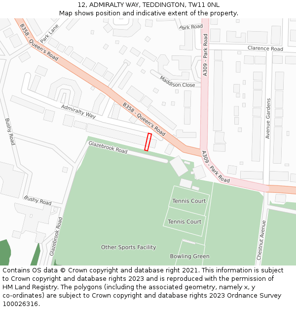 12, ADMIRALTY WAY, TEDDINGTON, TW11 0NL: Location map and indicative extent of plot