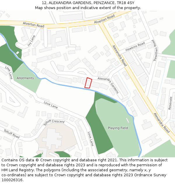 12, ALEXANDRA GARDENS, PENZANCE, TR18 4SY: Location map and indicative extent of plot