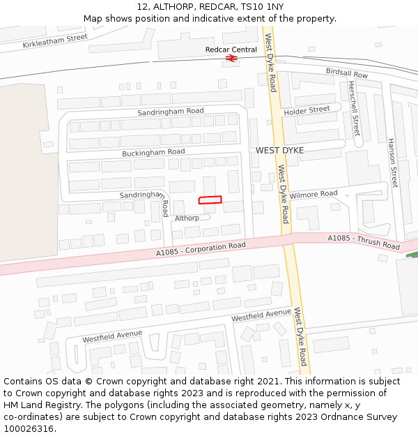 12, ALTHORP, REDCAR, TS10 1NY: Location map and indicative extent of plot