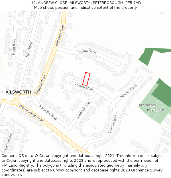 12, ANDREW CLOSE, AILSWORTH, PETERBOROUGH, PE5 7AD: Location map and indicative extent of plot