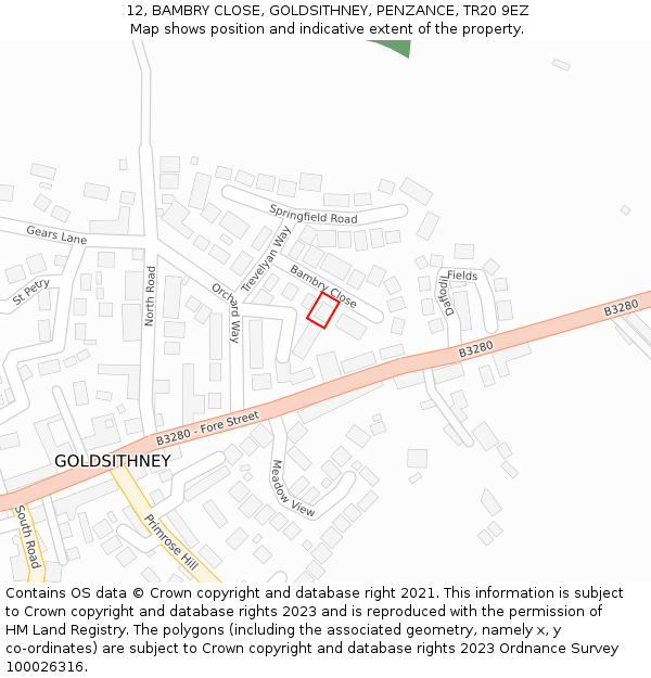 12, BAMBRY CLOSE, GOLDSITHNEY, PENZANCE, TR20 9EZ: Location map and indicative extent of plot