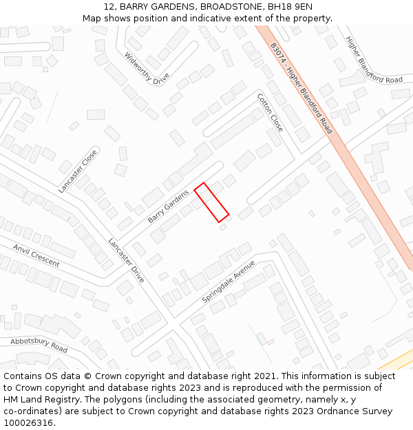 12, BARRY GARDENS, BROADSTONE, BH18 9EN: Location map and indicative extent of plot