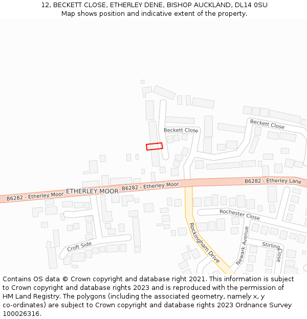 12, BECKETT CLOSE, ETHERLEY DENE, BISHOP AUCKLAND, DL14 0SU: Location map and indicative extent of plot