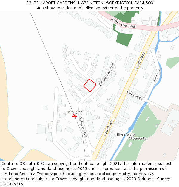 12, BELLAPORT GARDENS, HARRINGTON, WORKINGTON, CA14 5QX: Location map and indicative extent of plot