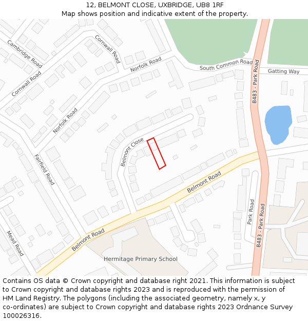 12, BELMONT CLOSE, UXBRIDGE, UB8 1RF: Location map and indicative extent of plot