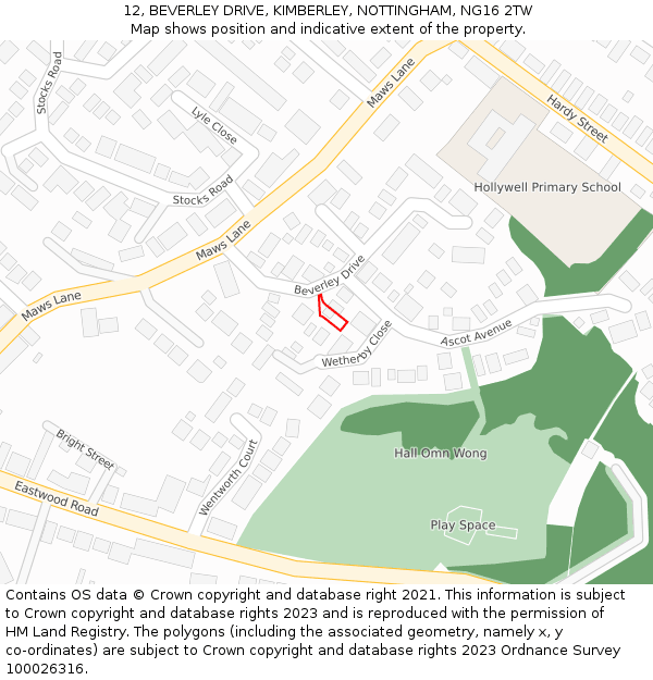 12, BEVERLEY DRIVE, KIMBERLEY, NOTTINGHAM, NG16 2TW: Location map and indicative extent of plot