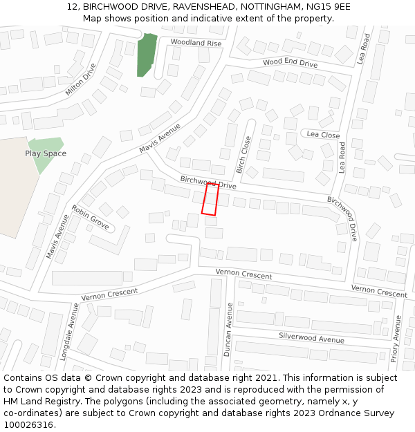 12, BIRCHWOOD DRIVE, RAVENSHEAD, NOTTINGHAM, NG15 9EE: Location map and indicative extent of plot