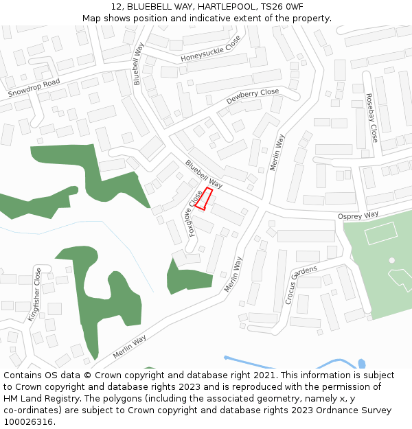 12, BLUEBELL WAY, HARTLEPOOL, TS26 0WF: Location map and indicative extent of plot