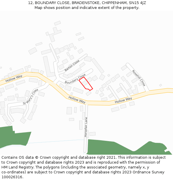 12, BOUNDARY CLOSE, BRADENSTOKE, CHIPPENHAM, SN15 4JZ: Location map and indicative extent of plot