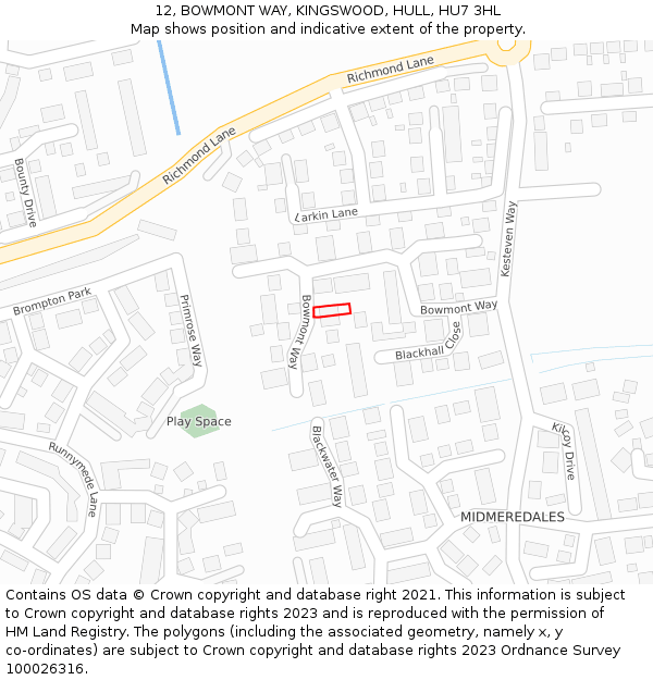 12, BOWMONT WAY, KINGSWOOD, HULL, HU7 3HL: Location map and indicative extent of plot