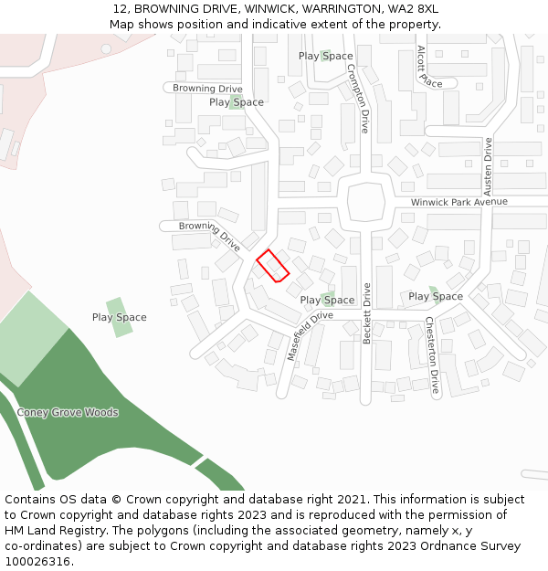 12, BROWNING DRIVE, WINWICK, WARRINGTON, WA2 8XL: Location map and indicative extent of plot