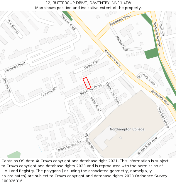 12, BUTTERCUP DRIVE, DAVENTRY, NN11 4FW: Location map and indicative extent of plot