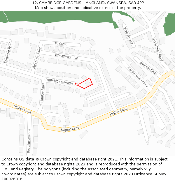 12, CAMBRIDGE GARDENS, LANGLAND, SWANSEA, SA3 4PP: Location map and indicative extent of plot