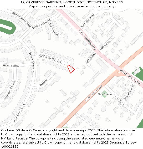 12, CAMBRIDGE GARDENS, WOODTHORPE, NOTTINGHAM, NG5 4NS: Location map and indicative extent of plot