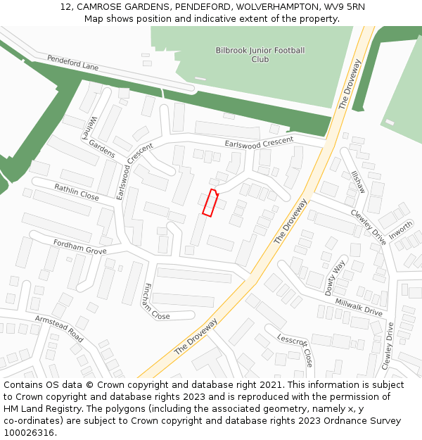 12, CAMROSE GARDENS, PENDEFORD, WOLVERHAMPTON, WV9 5RN: Location map and indicative extent of plot