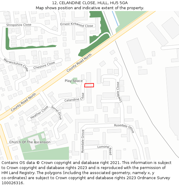 12, CELANDINE CLOSE, HULL, HU5 5GA: Location map and indicative extent of plot