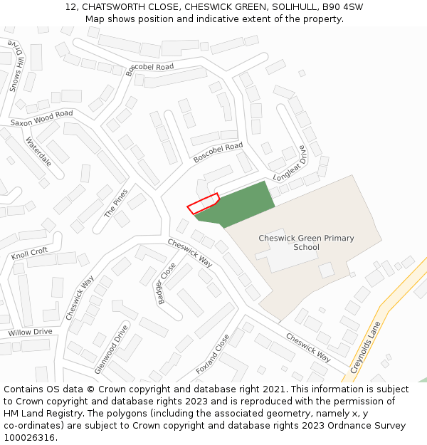 12, CHATSWORTH CLOSE, CHESWICK GREEN, SOLIHULL, B90 4SW: Location map and indicative extent of plot