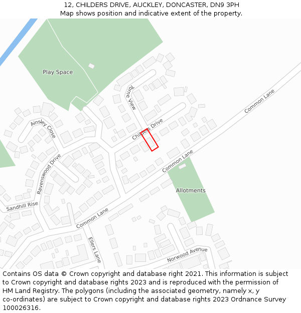 12, CHILDERS DRIVE, AUCKLEY, DONCASTER, DN9 3PH: Location map and indicative extent of plot