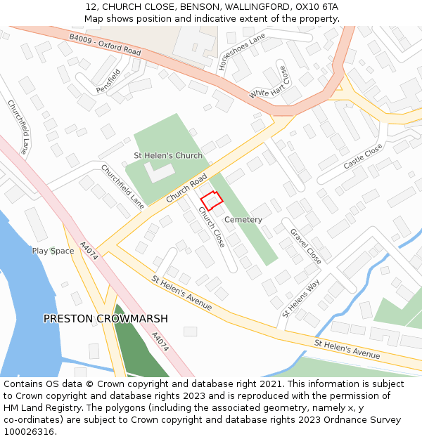 12, CHURCH CLOSE, BENSON, WALLINGFORD, OX10 6TA: Location map and indicative extent of plot